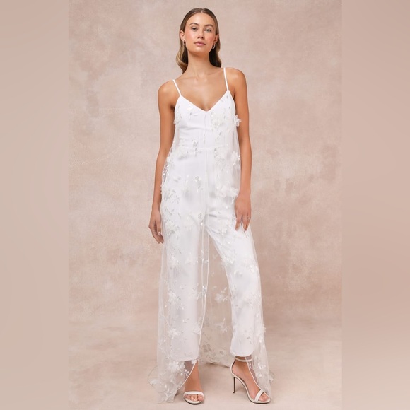 Lulus Extreme Elegance White Mesh Floral Embroidered Cape Jumpsuit - Picture 5 of 9